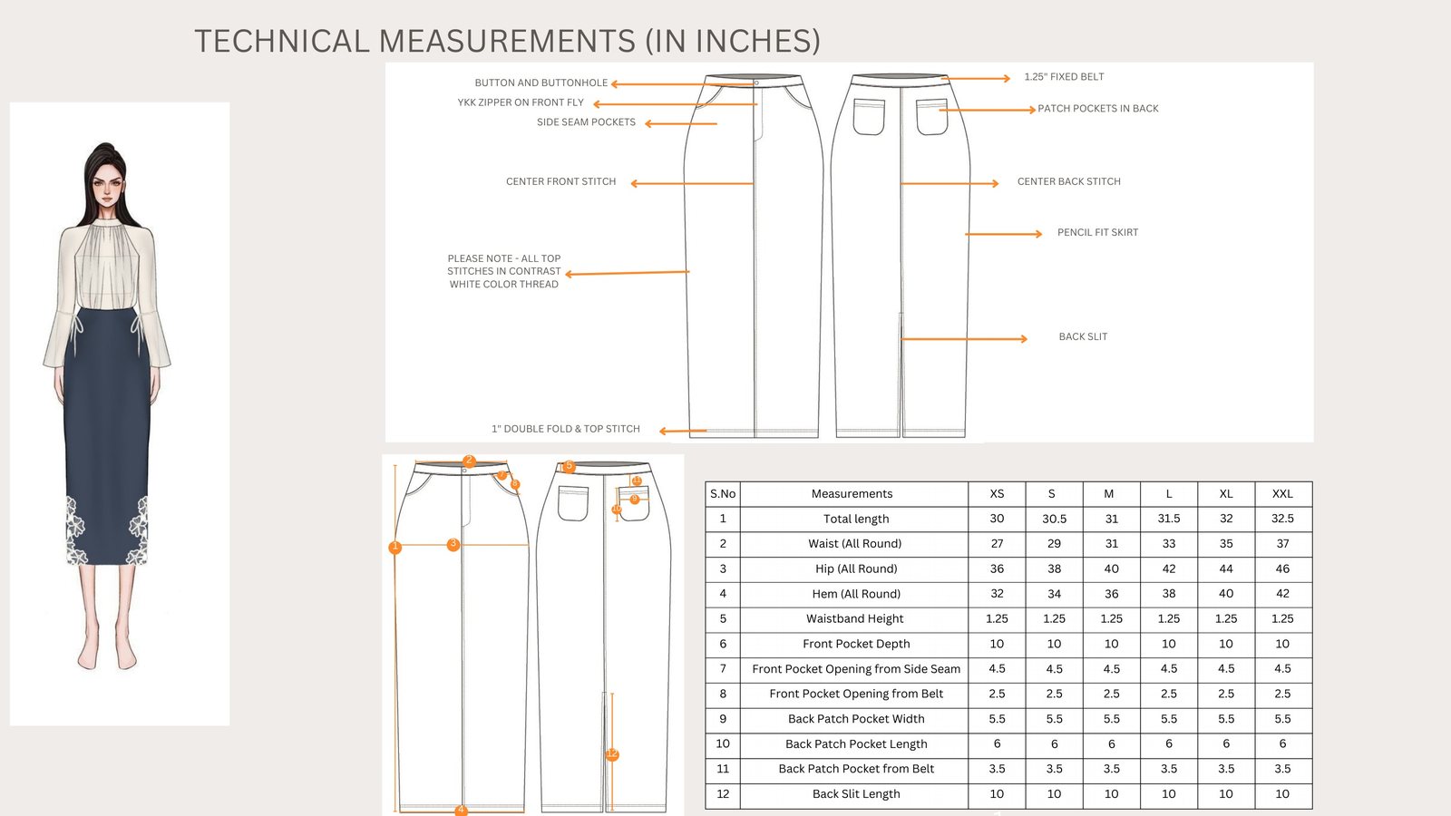 Measurements: pencil skirt